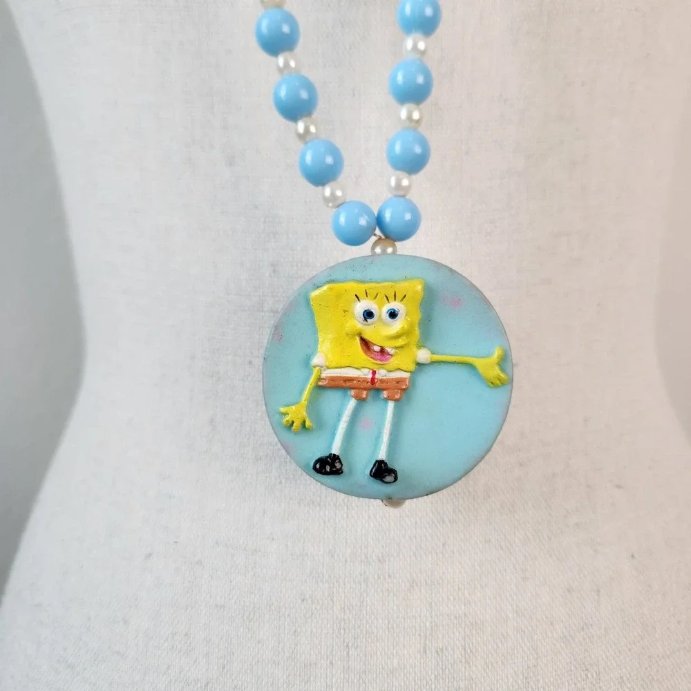Vintage Y2k SpongeBob Square Pants Yellow Blue White Mardi Gras‎ Beads Necklace